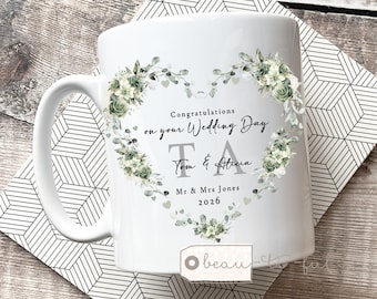 Personalised Wedding Mug gift, Mr Mrs, Bride Groom, Just Married Gift, Greenery Wreath, Gift for couple