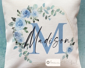 Personalised Name Pale blue Floral Design Home Quote Linen Style Cushion cover