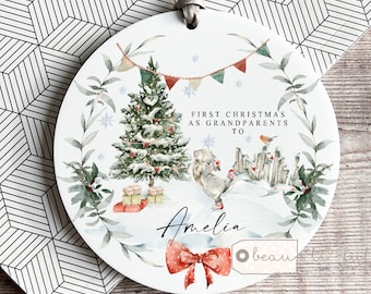 Personalised First Christmas as Grandparents Gran Grandma Nanna New Baby Woodland scene Greenery Ceramic or Acrylic Round Ornament Keepsake