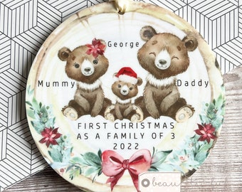 Personalised 1st First Christmas as a family of 3 4 5 Bear Mummy Daddy Mammy MommyBaby Greenery Design Acrylic Or ceramic Ornament Keepsake