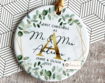 Personalised First Christmas As Wedding gift Mr Mrs Newlywed wreath Greenery Design Ceramic or Acrylic Round Ornament Keepsake