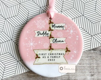 Personalised First Christmas as a family Mummy Daddy gift New Baby Snowflake Signpost Ceramic or Acrylic Round Ornament Keepsake