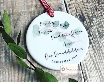 Personalised Christmas Family Grandchildren Names Greenery Eucalytus leaf Design Ceramic Round Ornament Keepsake