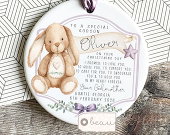 Personalised Gift to Goddaughter Godson Promise to Godchild Christening Baptism Gift Baby Grandson Niece Rabbit Bunny Ornament Keepsake