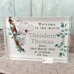 Persomalised New Baby Boy Girl Newborn Koala greenery Design Crystal block Keepsake