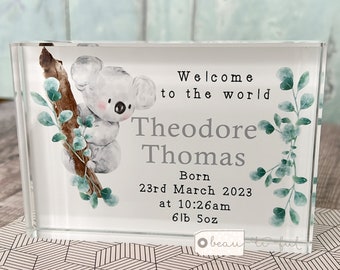 Persomalised New Baby Boy Girl Newborn Koala greenery Design Crystal block Keepsake