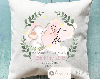 Personalised New Baby Girl Gift Pink Elephant Design Home Quote Linen Style Cushion cover - Newborn - Birth - Baby Girl Niece Goddaughter