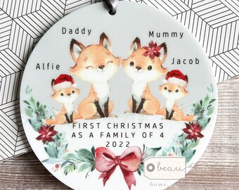 Personalised 1st First Christmas as family of 3 4 5 Woodland Fox Mummy Daddy Mammy Mommy Baby Greenery Acrylic Or ceramic Ornament Keepsake