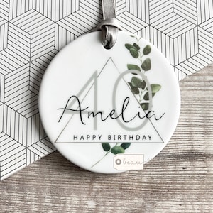Personalised Happy Birthday gift Milestone Any age 18 21 30 40 50 60 greenery Design Ceramic or acrylic Round Decoration Ornament Keepsake