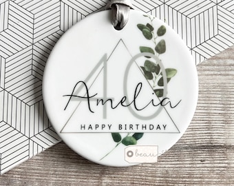 Personalised Happy Birthday gift Milestone Any age 18 21 30 40 50 60 greenery Design Ceramic or acrylic Round Decoration Ornament Keepsake