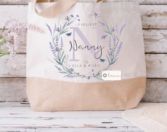 Personalised Loveliest Auntie Mum Grandma Nan Nanna Nanny Name and initial wildflower Mother’s Day Birthday gift Tote Bag Jute Shopping bag