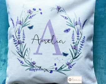 Personalised Name and initial Lilac Wildflower Lavender Floral Design Home Quote Linen Style Cushion cover