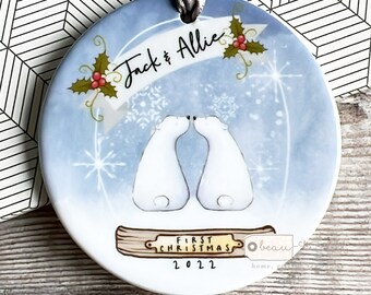 Personalised First Christmas Together Engaged Married Couple Gift Polar Bear Snow globe Design Ceramic or Acrylic Round Ornament Keepsake