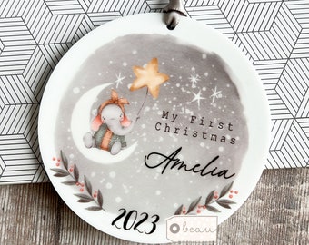 Personalised Baby Babies Baby’s My First Christmas Gift Boy Newborn Elephant Moon Stars Scene Design Ceramic Round Ornament Keepsake