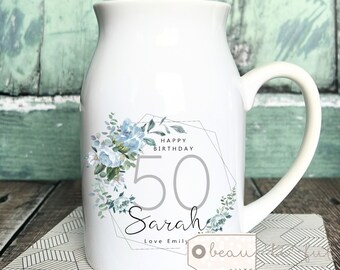 Personalised Birthday gift Special Birthday Milestone 21 30 40 50 60 70 Any age gift Pale blue Floral Ceramic Small Vase Jug Mug gift