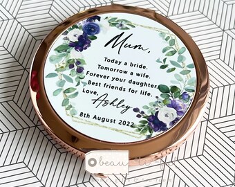 Personalised Mother of Bride Today a Bride Thank you from Bride Quote Purple Floral Round Rose Gold Compact Pocket Mirror Wedding Keepsake