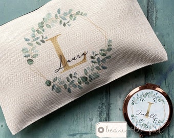 Personalised Birthday gift Gift for her Friend gift Eucalyptus Linen style Fabric Make up Bag Birthday gift for mum sister friend bridesmaid