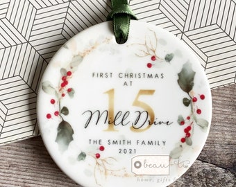 Personalised First Christmas at Address New Home Gift Holly Foliage Wreath Design Ceramic or Acrylic Round Ornament Keepsake