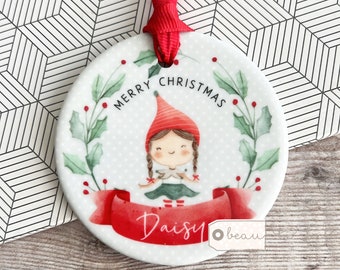 Personalised Merry Christmas Boy Girl  Holly Elf Pixie Design Acrylic or Ceramic Round Ornament Keepsake Tree Decoration