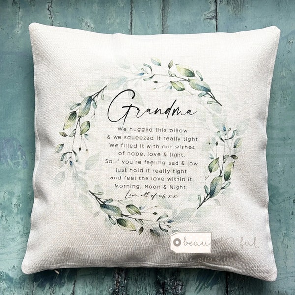 Personalised We/I hugged this pillow... Quote Greenery Wreath Design Home Quote Linen Style Cushion cover