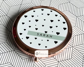 Personalised Name Heart Round Rose Gold Compact Pocket Mirror Keepsake