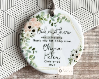 Personalised Thank you Godmother Godfather Godparents Christening Baptism Quote Peach floral Design Ceramic Round Ornament Keepsake