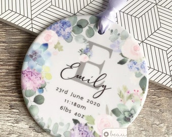 Personalised New Baby Boy Girl Newborn Lilac floral Design Ceramic Round Ornament Keepsake