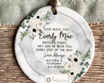 Personalised Christening Baptism gift God bless you Baby Boy Girl framed white floral Greenery Ceramic or Acrylic Round Ornament Keepsake