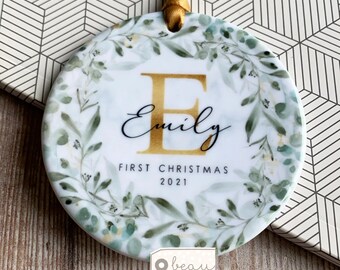 Personalised First Christmas Baby Boy Girl Eucalyptus Wreath Design Ceramic Round Ornament Keepsake