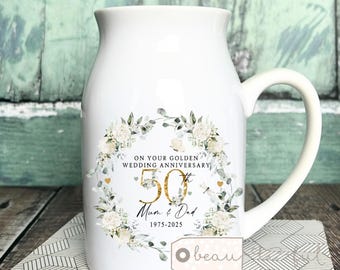 Personalised Golden Wedding Anniversary gift 50th 50 Ruby Silver Gold Diamond Ruby Anniversary gift Floral Ceramic Small Vase Jug Mug