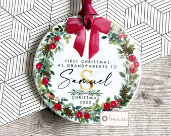 Personalised First Christmas as Grandparents Gran Grandma Nanna New Baby Bow wreath Design Ceramic or Acrylic Round Ornament Keepsake