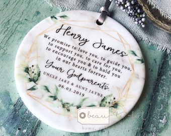 Personalised Promise to Godchild from Godparents Godmother Christening Baptism Baby Boy Girl Wreath Design Ceramic Round Ornament Keepsake