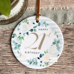 Personalised Happy Birthday gift Milestone 18 21 30 40 50 60 70 80 90 Floral rose Ceramic or Acrylic Round Decoration Ornament Keepsake