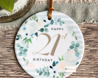 Personalised Happy Birthday gift Milestone 18 21 30 40 50 60 70 80 90 Floral rose Ceramic or Acrylic Round Decoration Ornament Keepsake