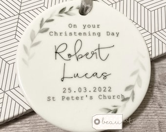 Personalised Christening Baptism Gift Naming day Baby Boy Girl Laurel greenery Ceramic or acrylic Round Ornament Keepsake