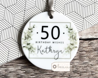 Personalised Happy Birthday Milestone 18 21 30 40 50 60 Modern Greenery Design Ceramic or acrylic Round Decoration Ornament Wedding Keepsake