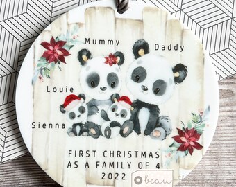 Personalised 1st First Christmas as a family of 3 4 5 Panda Mummy Daddy Mammy Mommy New Baby Greenery Acrylic or Ceramic Ornament Keepsake