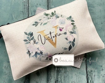Personalised Name White pink floral Design Linen style Fabric Make up Bag Birthday gift for her mum sister friend