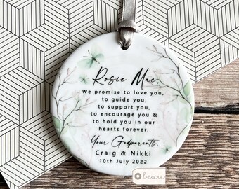 Personalised Promise to Godchild Christening Baptism Baby Boy Girl Butterfly floral Design Ceramic Round Ornament Keepsake