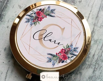 Personalised Name and initial Christmas Foliage Greenery Round Rose Gold Silver Compact Pocket Mirror Keepsake Bridesmaid Gift