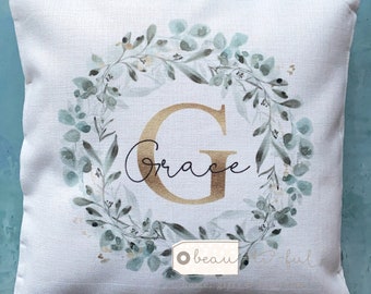 Personalised Name and initial Eucalyptus Wreath Design Home Quote Linen Style Cushion cover