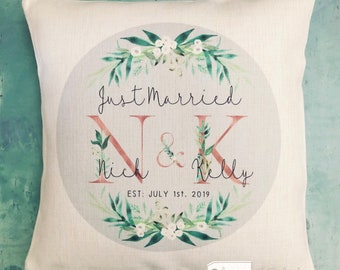 Personalised Names Married Mr Mrs Home Quote Botanical Foliage Design Home Quote Linen Style Cushion cover
