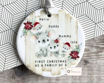 Personalised 1st First Christmas as a family of 3 4 5 Koala Mummy Daddy Mammy Mommy Greenery Design Ceramic or Acrylic Ornament Keepsake