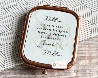 Personalised True friend are never far apart Quote Pretty Floral Square Rose Gold Compact Pocket Mirror Best Friend Thank you gift