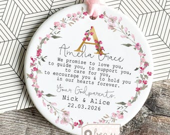Personalised Christening Baptism gift From Godparent Godmother Promise to Godchild Goddaughter Godson Laurel Greenery Ornament Keepsake