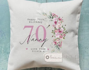 Personalised Happy Birthday Gift Age Milestone 21 30 40 50 60 70 80 90 any age pink Home Linen Style Cushion Friend Nanny gift for her mum