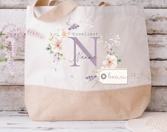 Personalised Loveliest Auntie Mum Grandma Nan Nanna Nanny Name and initial wildflower Mother’s Day Birthday gift Tote Bag Jute Shopping bag