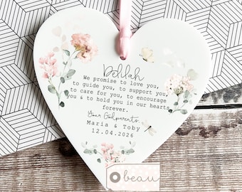 Personalised Promise to Godchild Christening Baptism Gift Godparents Godmother Godson Goddaughter Floral Heart Ornament Keepsake Auntie