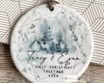 Personalised First Christmas Together Engaged Engagement gift Deer Scene Greenery Design Ceramic or Acrylic Round Ornament Keepsake