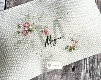 Personalised Name Pink Roses Greenery Design Linen style Fabric Make up Bag Birthday gift for her mum sister friend